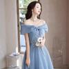 One-word shoulder evening dress 1011 new summer temperament French style host blue feeling banquet dress