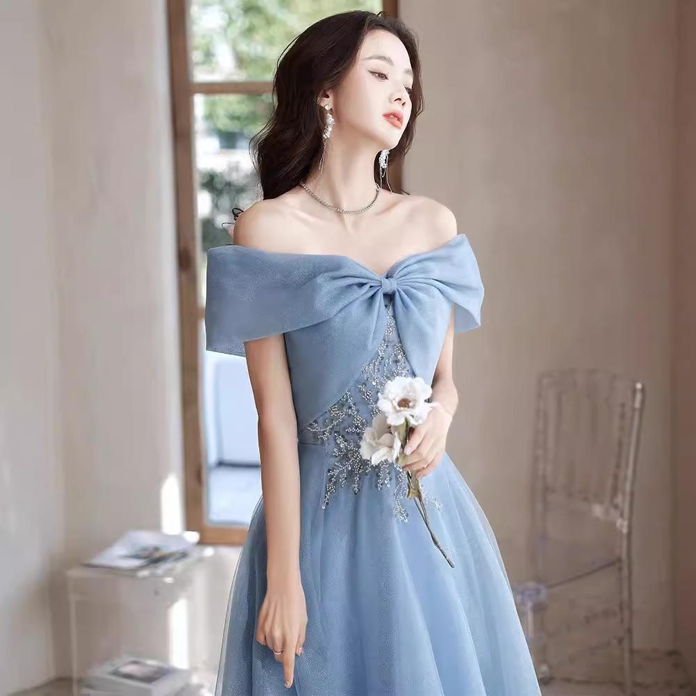 One-word shoulder evening dress 1011 new summer temperament French style host blue feeling banquet dress