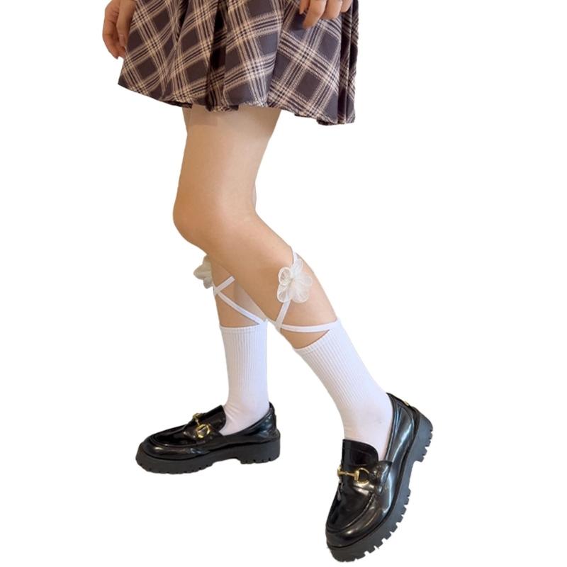 Women's Cotton Crew Socks Cross Bandage Calf Socks Sweet Cute Ankle Socks Lolitas JK Students Girls Knee Socks Hosiery