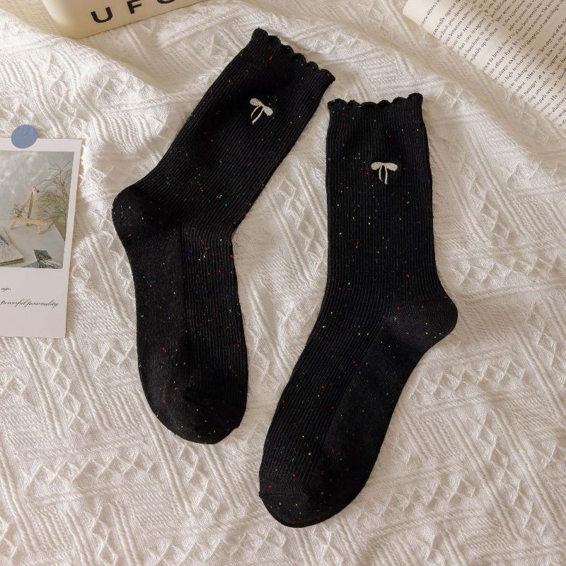 Pointed Yarn Pile Socks - Children's Autumn and Winter Embroidered Bow Tie Mid-calf Socks, Trendy and Versatile Lace Long Socks