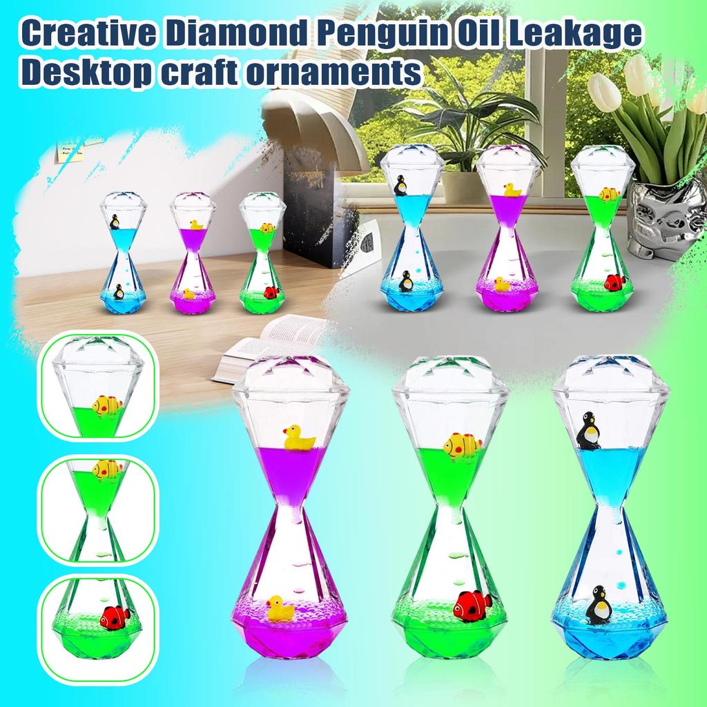 Creative Diamond-Shaped Penguin Liquid Motion Timer Sandglass Desk Ornament Decorative Art Piece Unique Design for Home Office Display