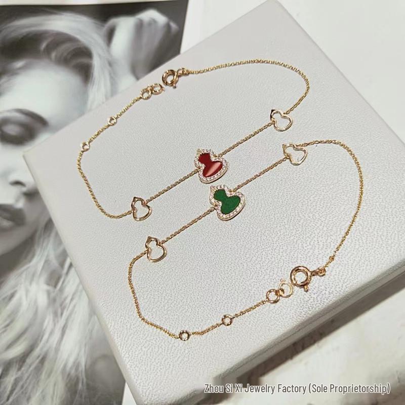 Sterling Silver Gourd Necklace & Bracelet Set with White Mother of Pearl, Red Agate, 18k Rose Gold Qilin Fu Lu Pendant On Clavicle Chain.