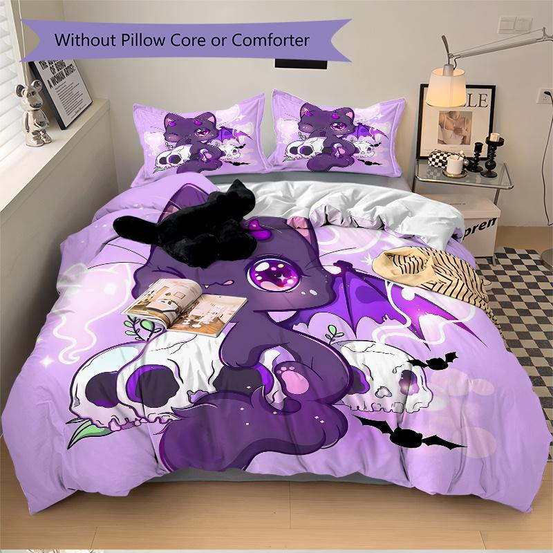 3pcs Kitten & Skeleton Bedding Set 1 Soft Quilt Cover + 2 Pillowcases,  Suitable for All Seasons N062