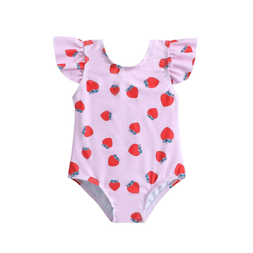 Strawberry Print Backless Bowknot Girls One-Piece Swimsuit