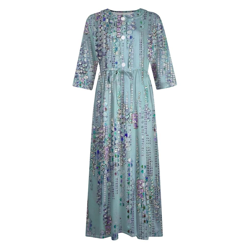 Damesmode Casual Print Revers Kraag Knoop 3/4 Mouw Kleding Bandjes Jurk