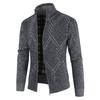 Stand Collar Long Sleeves Fleece Lining Sweater Coat Men Autumn Winter Geometric Pattern Zipper Placket Knitted Outerwear