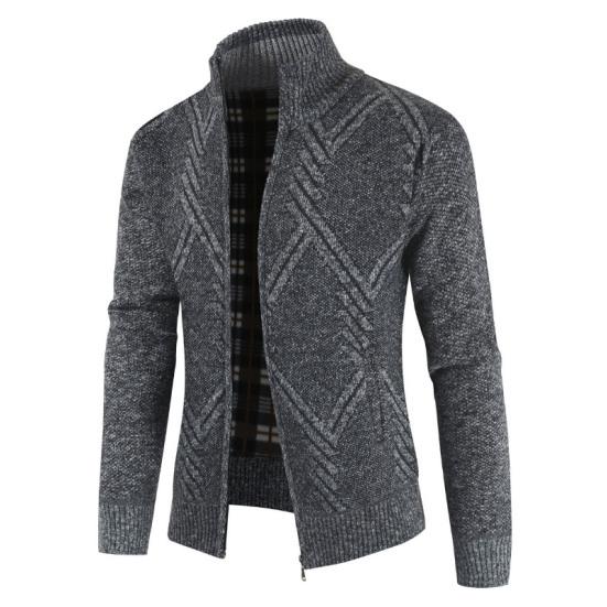 Stand Collar Long Sleeves Fleece Lining Sweater Coat Men Autumn Winter Geometric Pattern Zipper Placket Knitted Outerwear