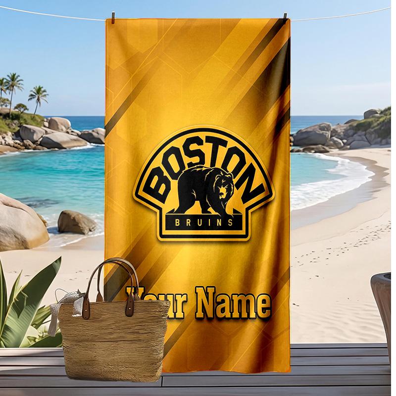 Boston Bruins Custom Beach Towel, Print Your Name Text Lightweight Absorbent Towel for Swimming Travel