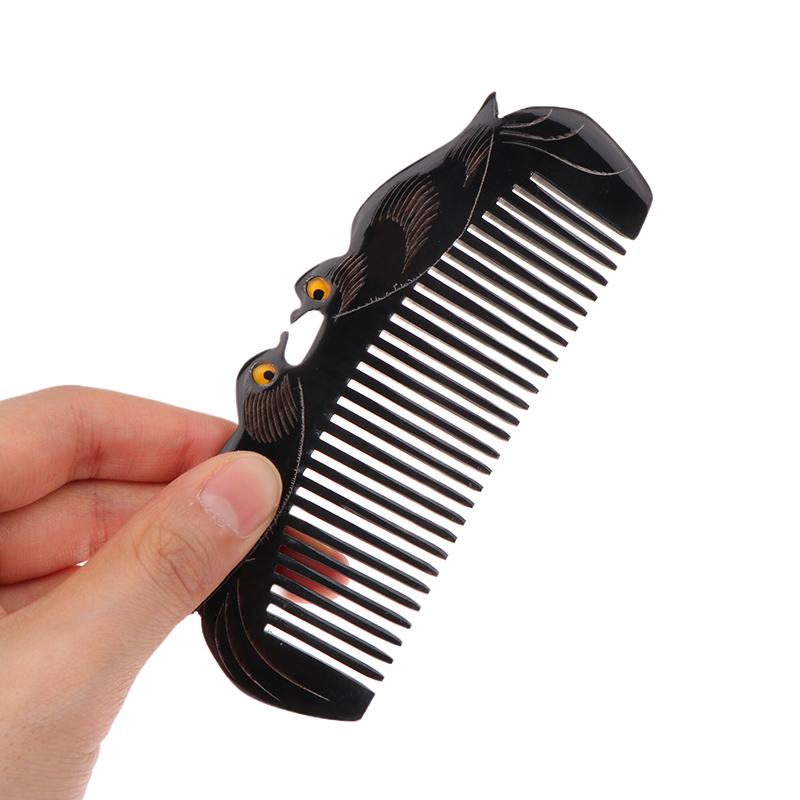 Natural Ox Horn Comb Anti Static Buffalo Combs Mandarin Duck Phoenix Carving Professional Detangling Massage Fine Tooth Comb