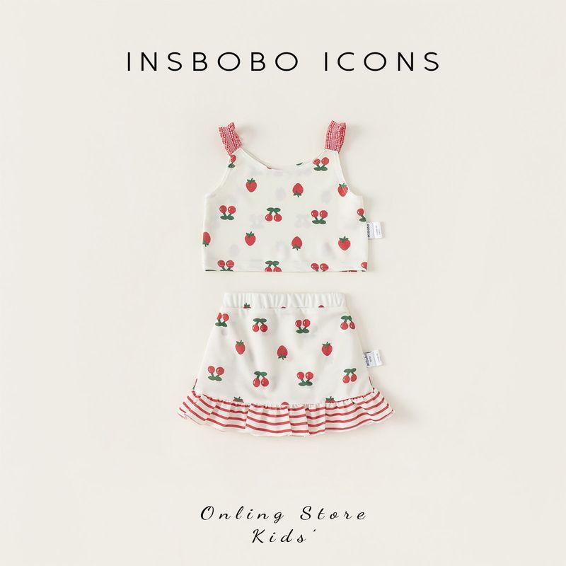 Insbobo Cherry Print Princess Style Separates Swimsuit Apricot + Red 100