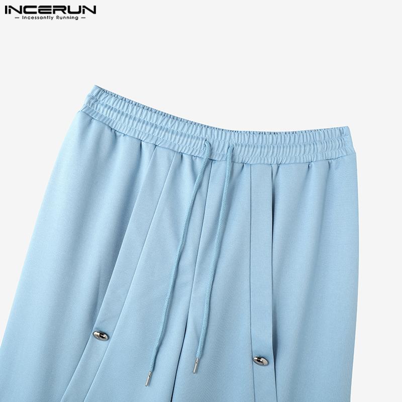 INCERUN Pantaloni lungi de primăvară cu talie înaltă pentru bărbați, casual, cu crăpături, nasturi și șnur