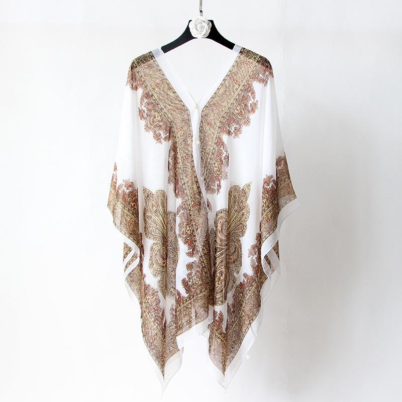 Beach Sun Protection Shawl Women Clothes Summer Beach Bikini Cover Up Loose Chiffon Blouse Shawl Scarf With Buttons