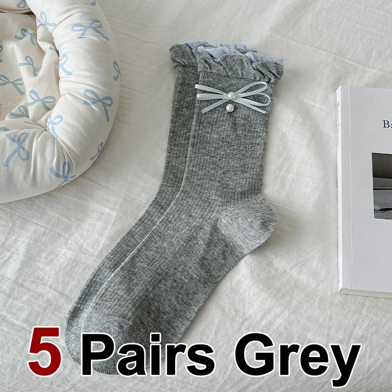 

1/5 пары женских хлопковых носков средней длины с цветочным краем и жемчугом, модные повседневные носки с бантом в балетном стиле, впитывающие пот, дышащие One Size