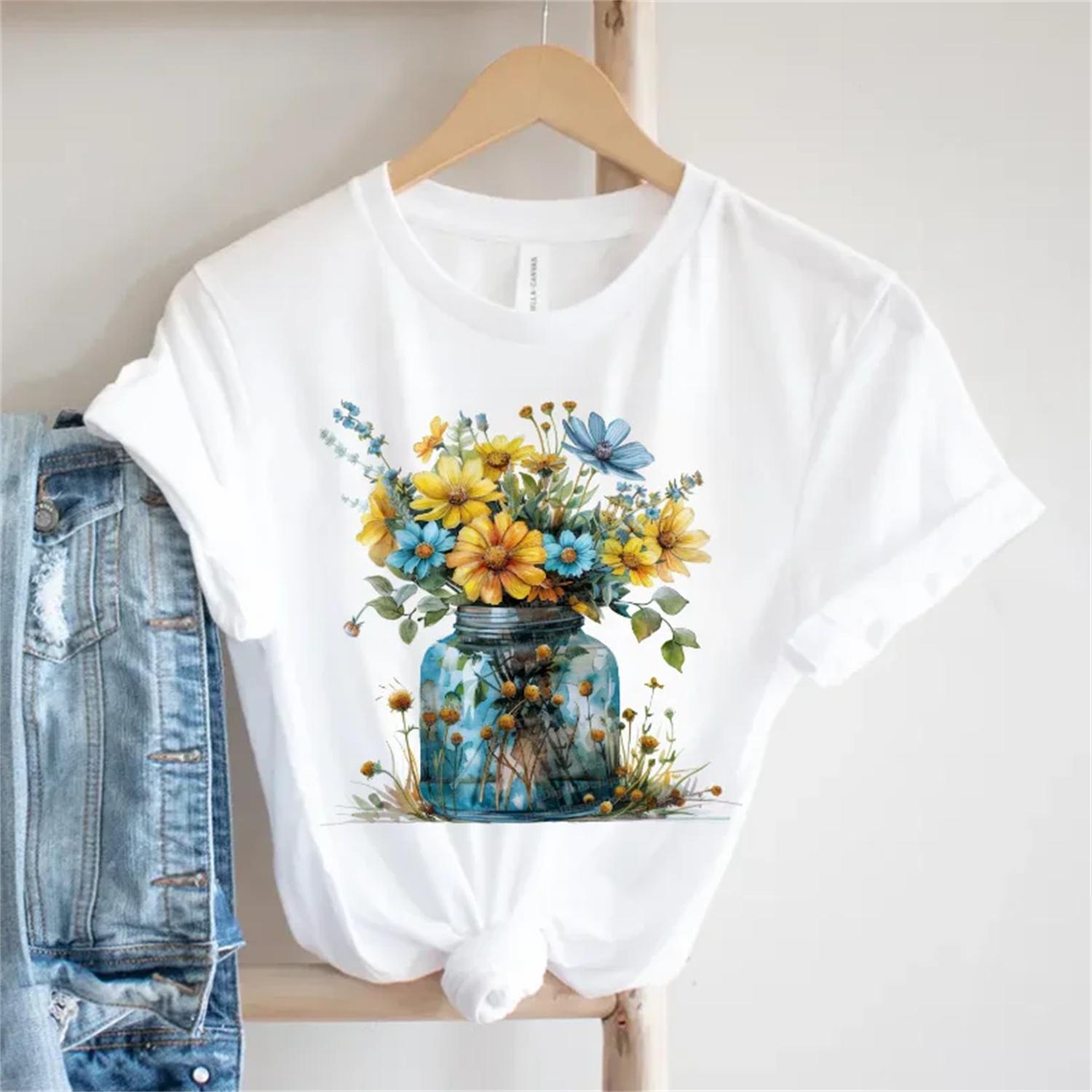 Short Sleeved Top Kawaii Watercolor Pattern T-Shirt Fun Women s T-Shirt Street Harajuku Printed Women s Casual 90s T-Shirt S