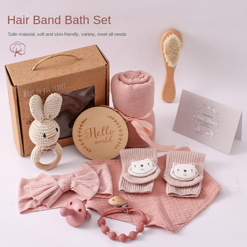 Newborn Gift Set Baby Full Moon Memorial Milestone Photo Props Non-toxic Customized Color Cotton Multifunction Rabbit Rattle Set