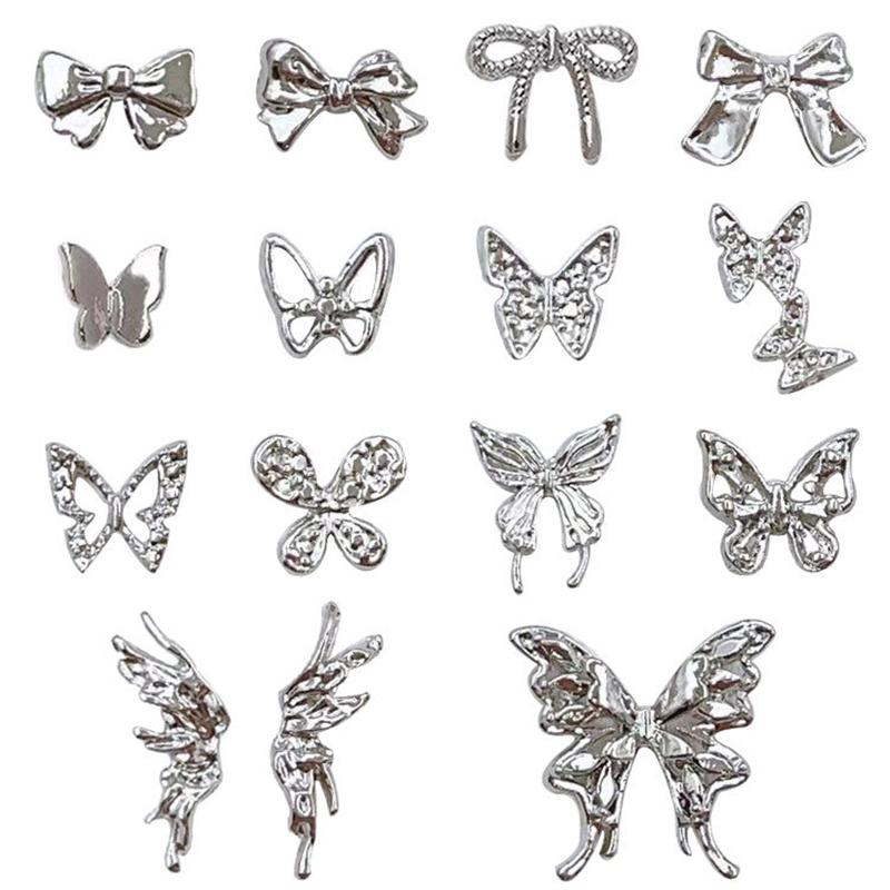 10Pcs/Bag Butterfly Shaped Nail  Nail Charm Silver Alloy Nail Pearl Jewelry Accessories Nail Supplies