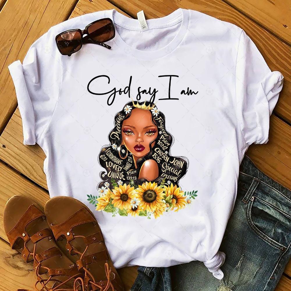 Fashion Vintage Black Girl Letter Graphic Female Tee 90S Summer Shirts Short Sleeve Loose Tees White O-Neck Female Tops Clothing