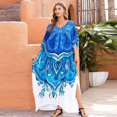 Quick-Dry Blue and White Printed Robe-Style Beach Skirt Cover-Up