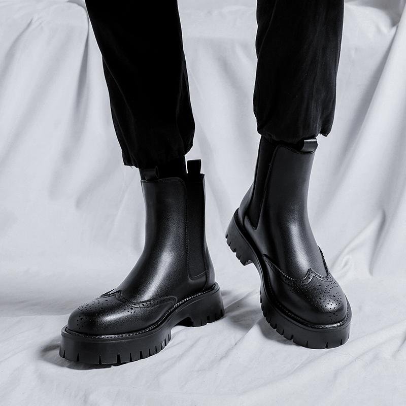men fashion chelsea boots  designer carved brogue shoes cowboy original leather boot handsome platform short botas hombre