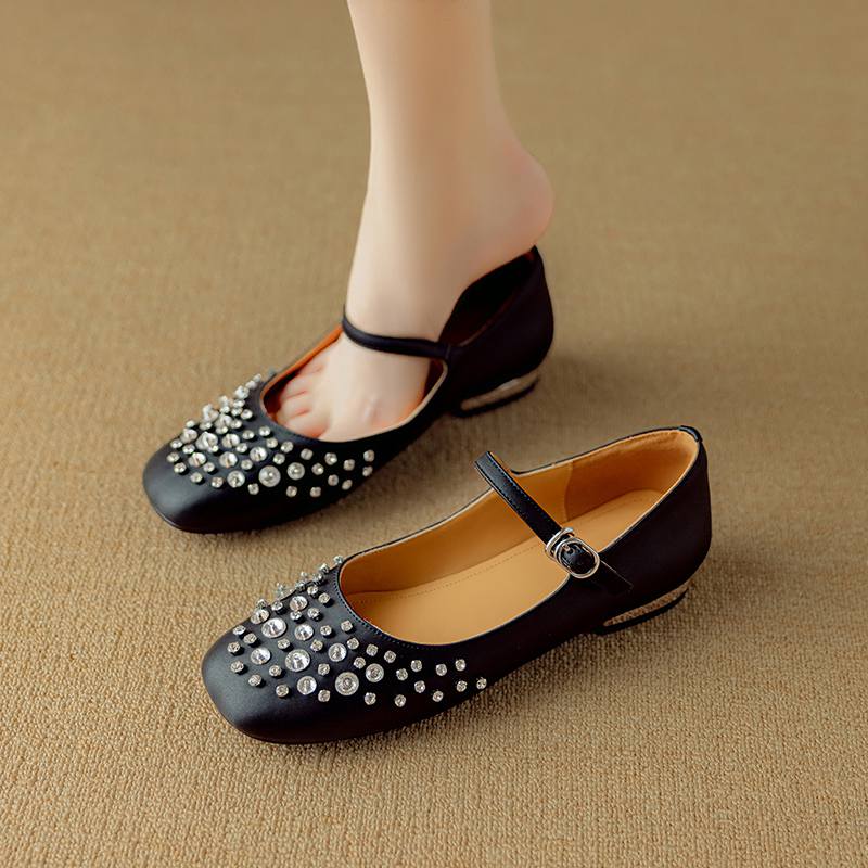 Krazing Pot Sheepskin Summer Autumn Size 40 Low Heels Crystal-studded Mary Janes Square Toe Gladiator Shallow Pumps