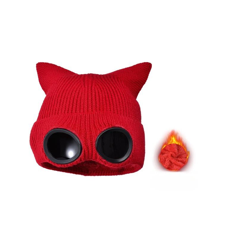 Little Devil Glasses Hat Knitted Mao Line Hat with Cat Ears Men Women Thickened for Warmth Ski Solid Color Ear Protection Windproof Pullover Hat