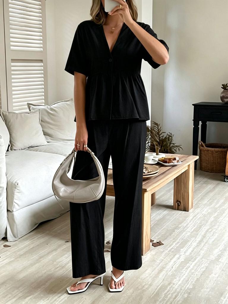 Europe, America, Cross-border Amazon Foreign Trade Fashionable and Elegant V-neck Loose Short-sleeved Top and Wide-leg Pants Two-piece Set