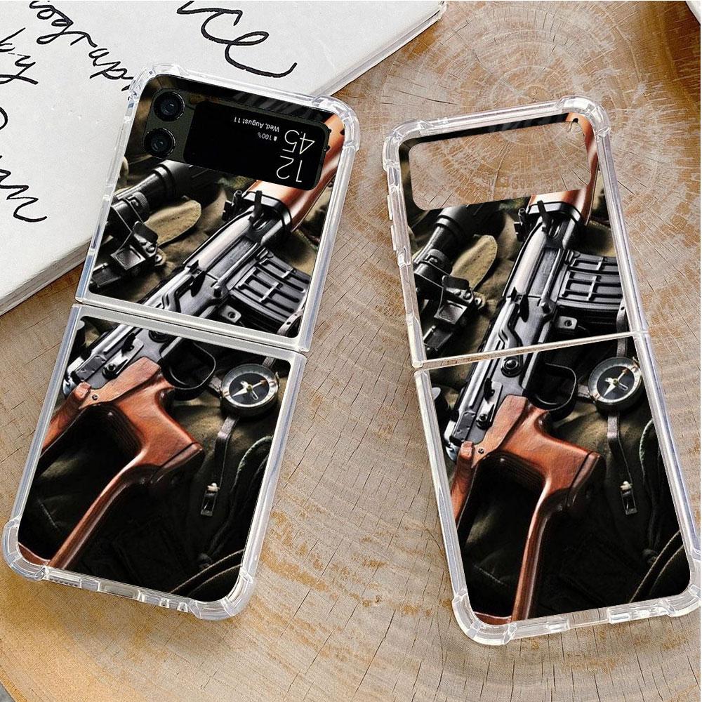 Luxury Case For Samsung Galaxy Z Flip 3 4 5G Funda Z Flip3 Clear PC Hard Shockproof Back Phone Shell AK47 Handgun Gun BUllets