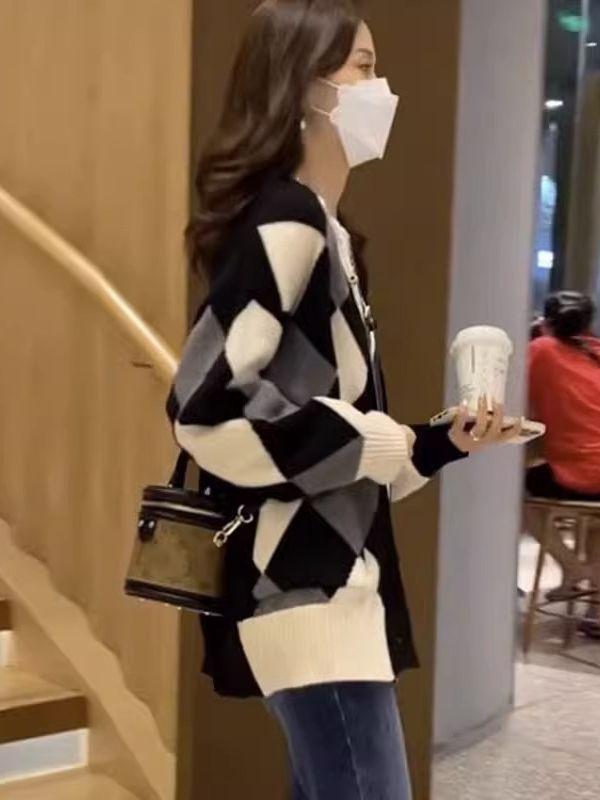 Damen Midilanger Colorblock Rautenstrick Cardigan - Lockerer, Lässiger Stil