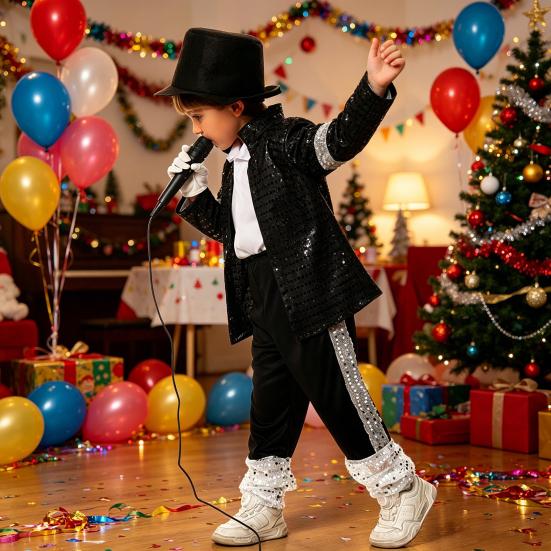 Musician Halloween Costume Set for Kids, Black Sequin Jacket, Trousers, Hat, Gloves, 80s 90s Retro Stage Outfits for Disco Party, Fancy Dress