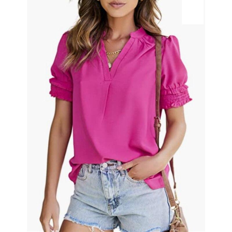 Sommer Kurzarm Bluse 2023 Damen Tops V-Ausschnitt Lässig Locker Einfarbig Süße Puffärmel Chiffon Hemd Kleidung 25785