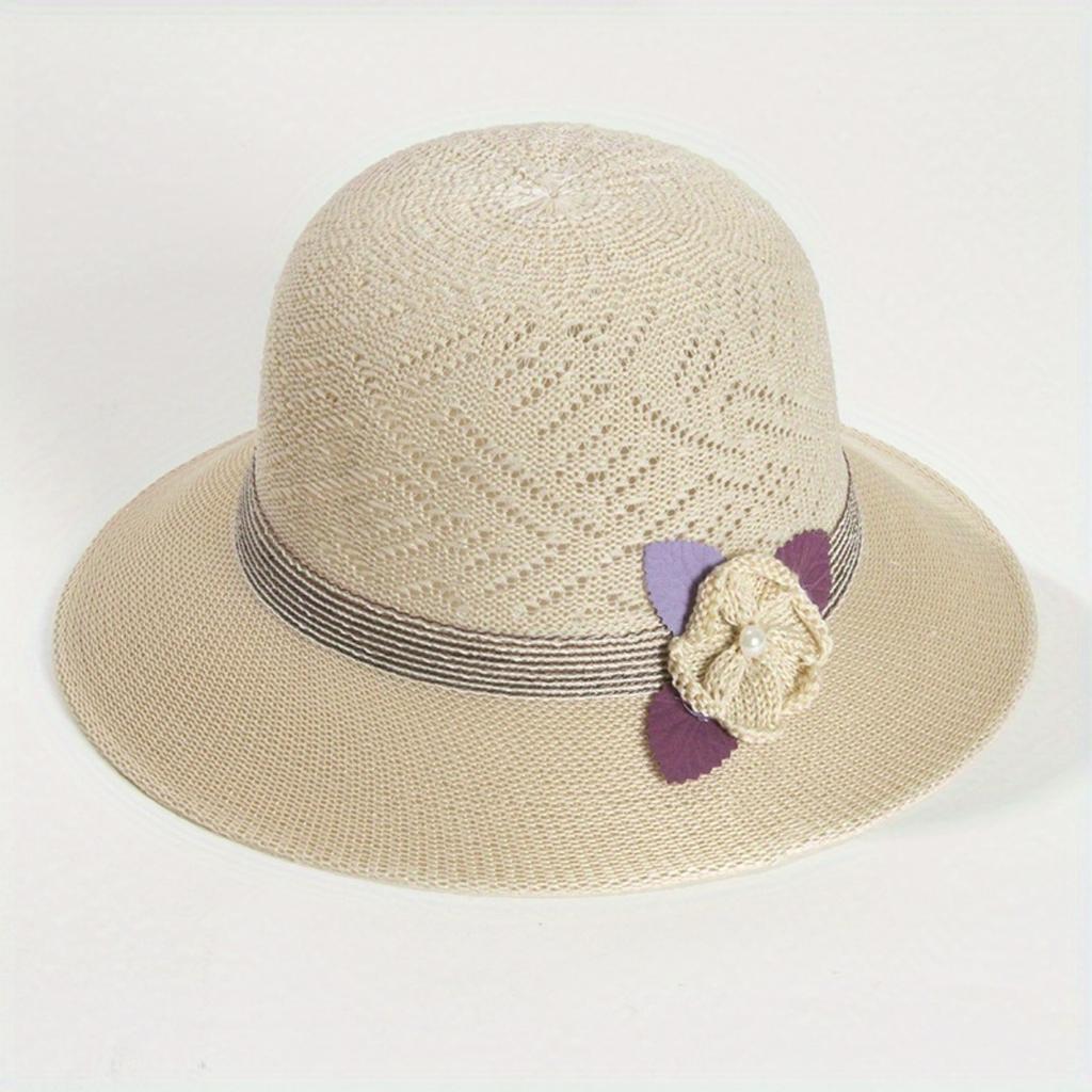 Fashion Fisherman Hat Summer Hollow Hat Ladies Flowers Pearl Basin Hat Travel Hat Wind Rope Hat
