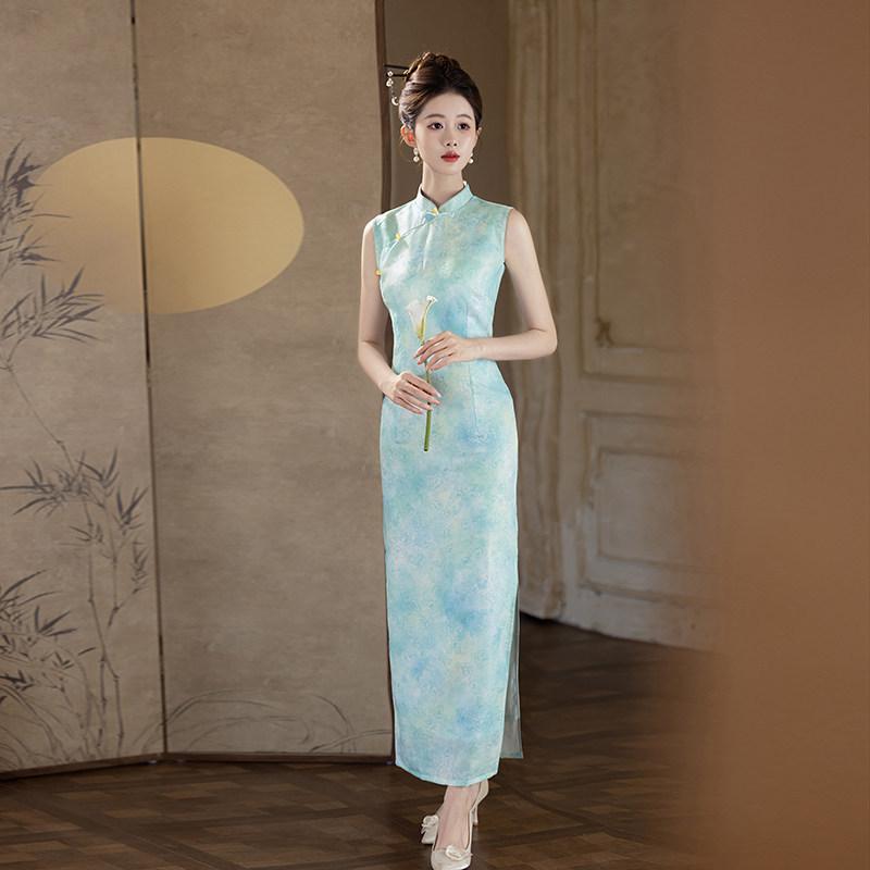 Green sleeveless national style new Chinese daily Suzhou long cheongsam improved young 1011 new women's high sense