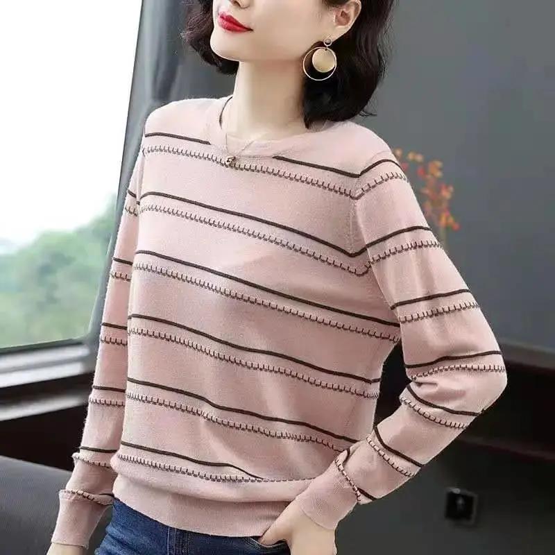 Women's Spring and Autumn Long Sleeve Knitted Shirt Loose Casual Striped Bottom Top
