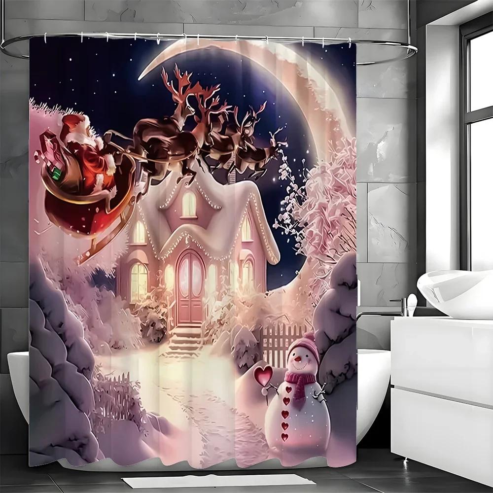 Christmas Pink House Snowman Santa Claus Shower Curtain, Bathroom Decorative Shower Curtain, Waterproof Shower Curtain with Hook