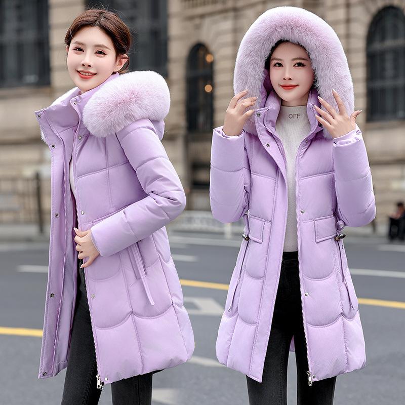 Large Fur Collar, Slim Waist, Down Cotton Jacket, Temperament and Age-reducing Mid-length Cotton Jacket