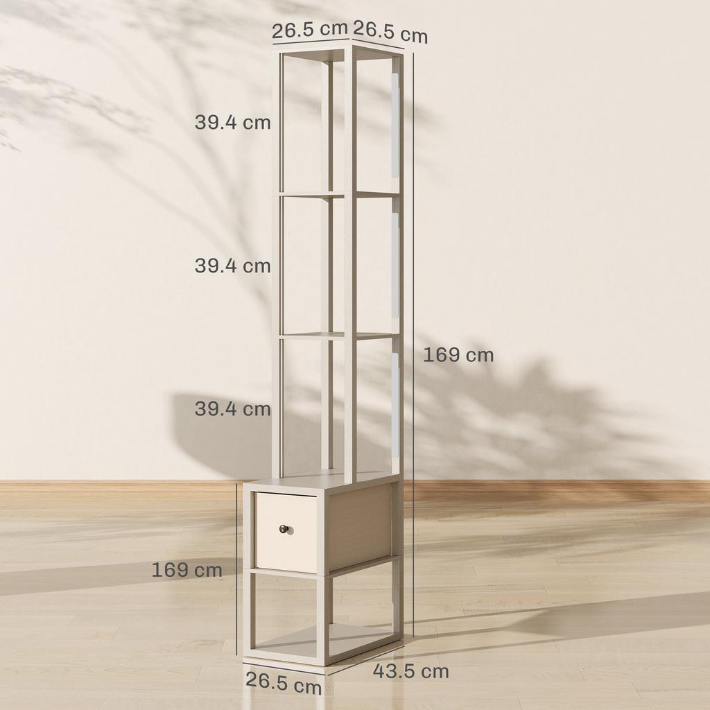 Floor Lamp with Shelves, LED Column Modern Standing Lamp with Fabric Drawer, Adjustable Brightness, Foot Switch for Living Room, Bedroom, Office, Oak
