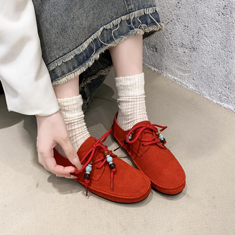 Fashion Plus Size Flats Fall New Round Toe Pile Beaded Front Lace-Up Soft Sole Non-Slip Wear-Resistant Single Shoes
