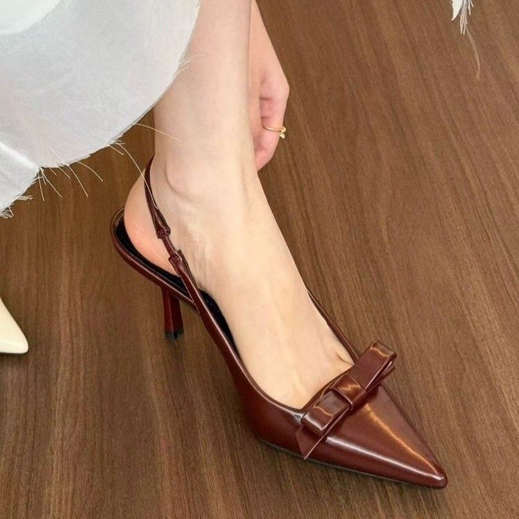 Elegant temperament bow high heels 2025 autumn new thin heel bag head strap pointed fashion sandals women