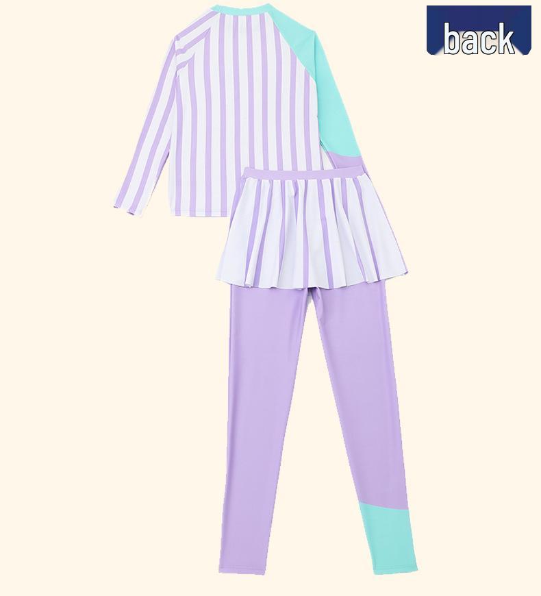 Girls' 2024 Striped Long Sleeve & Pants Two-Piece Swimsuit with Skirt