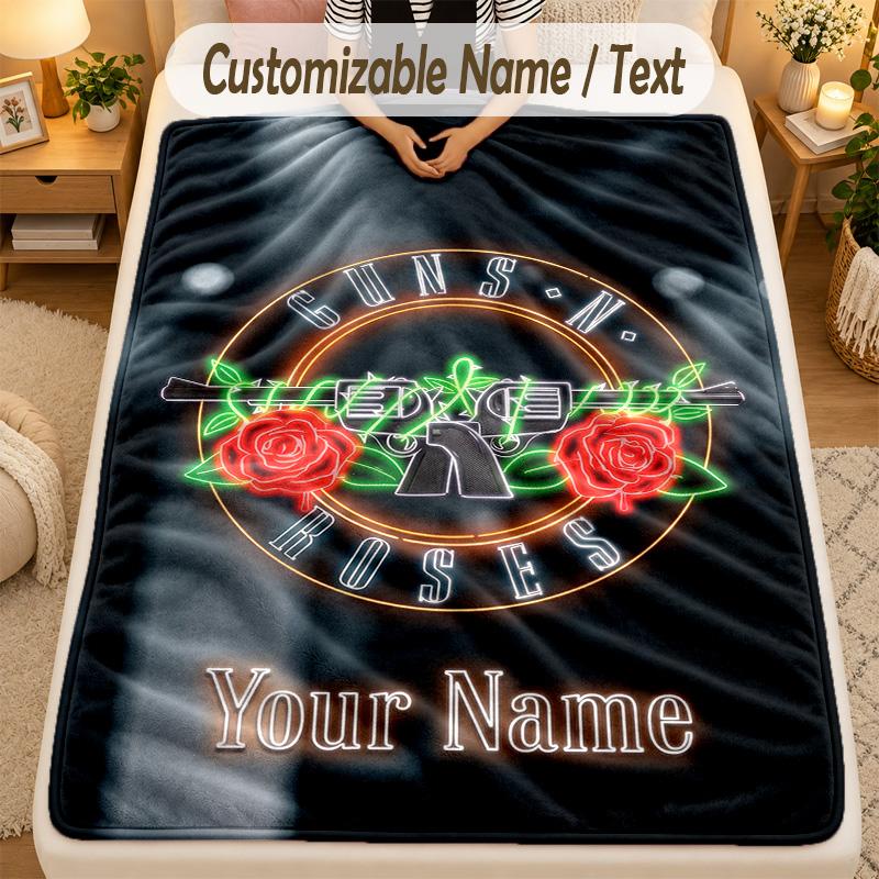 Flannel BlanketGuns N’ Roses Custom Name Text Personalized Soft Warm Throw Blanket Home Decor Gift