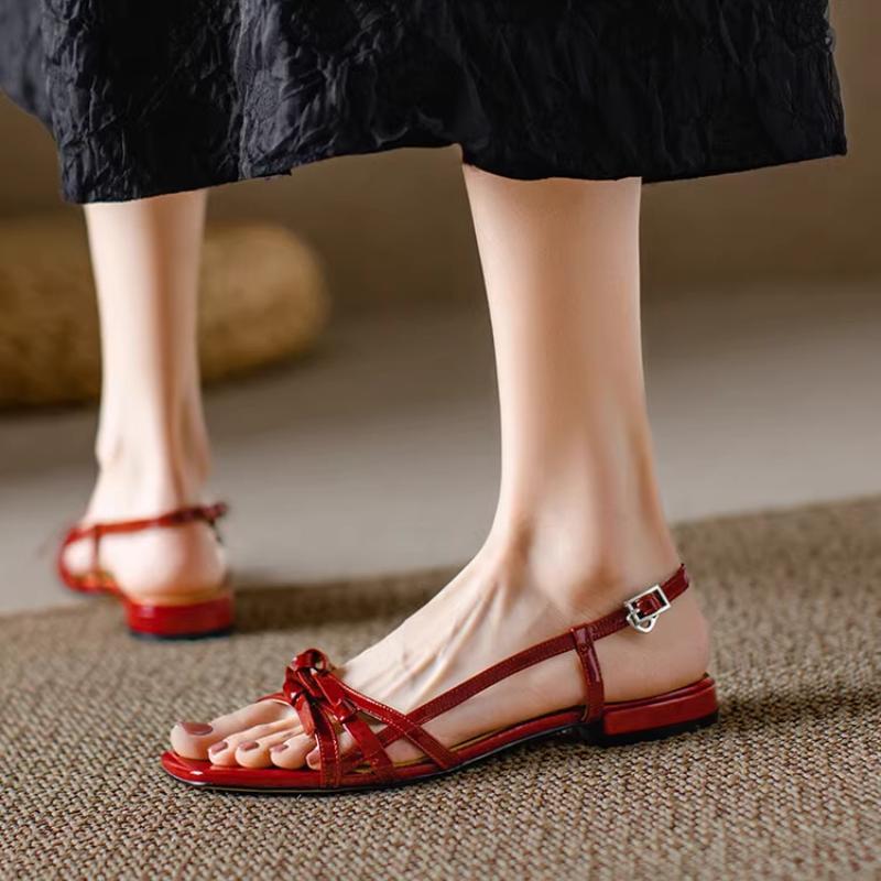 Fashion Summer Casual Flats Sandals Retro Simple Open Toed Red Leather Woven Belt Women Party Shoes