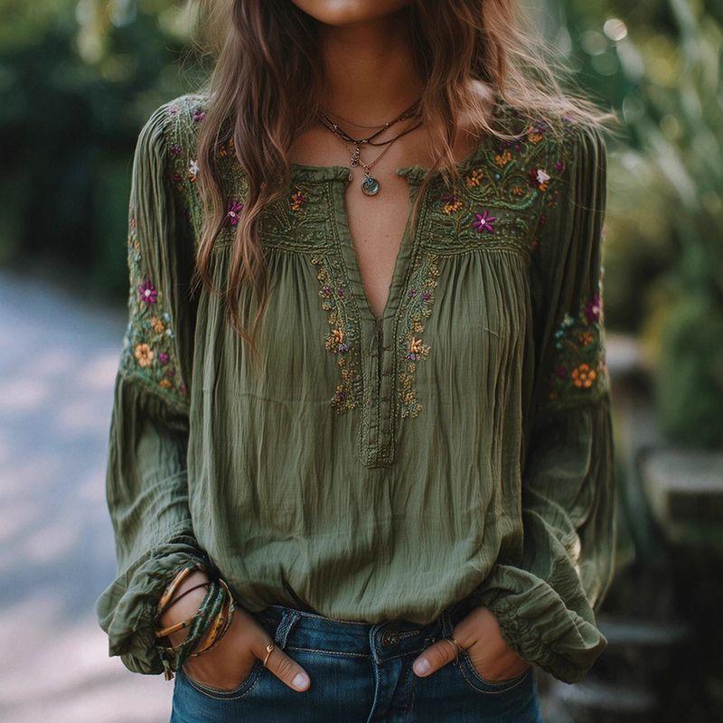

Autumn Vacation Ethnic Style Retro Heavy Embroidery Floral Trendy Lantern Sleeve Loose Versatile Top Green XS