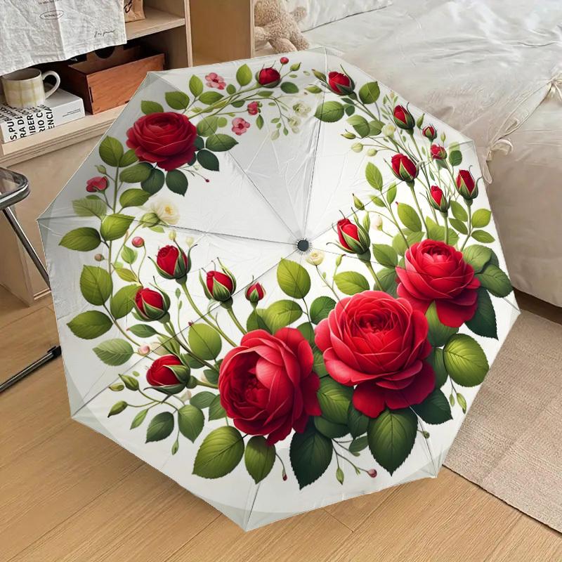 1pc Floral Wreath with Red Roses Umbrella with Plastic Handle,Suitable for All Seasons Home Travel Outdoor UmbrellaDD1272