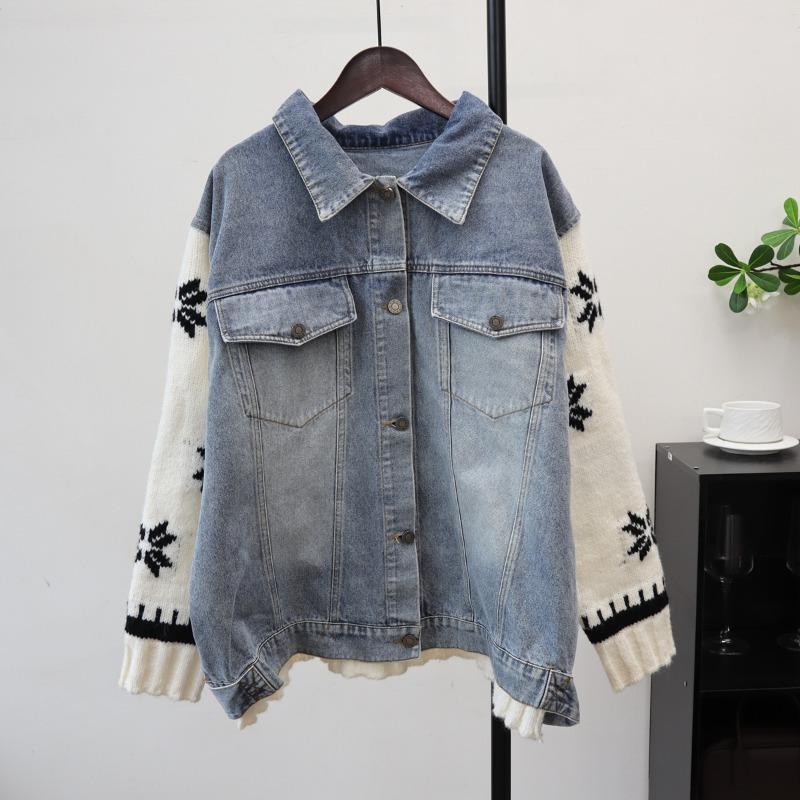Autumn and winter new splicing denim sweater jacket design sense loose casual knitted cardigan women