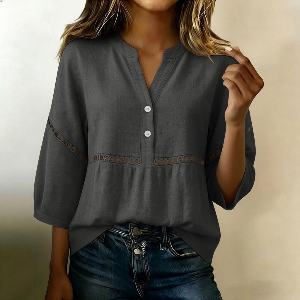 Women Loose Fit V Neck Button Front Casual Top Long Sleeve Cotton Linen Blend Pullover Shirt Lightweight Breathable Blouse