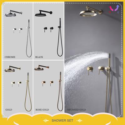 Wall Mounted Luxury Brushed Gold Shower Set Hidden Shower System Brass Hot and Cold Mixing Faucet Bathroom Rain Shower Head