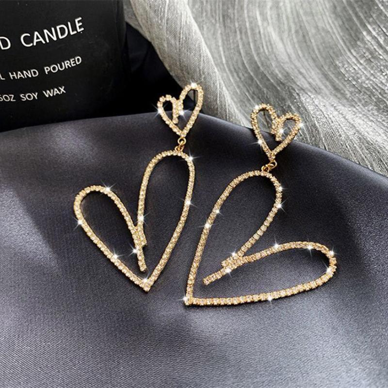 Diamond-Filled Heart-Shaped Long Stud Earrings Metallic And Heart-Shaped Earrings Gold And Silver Earrings