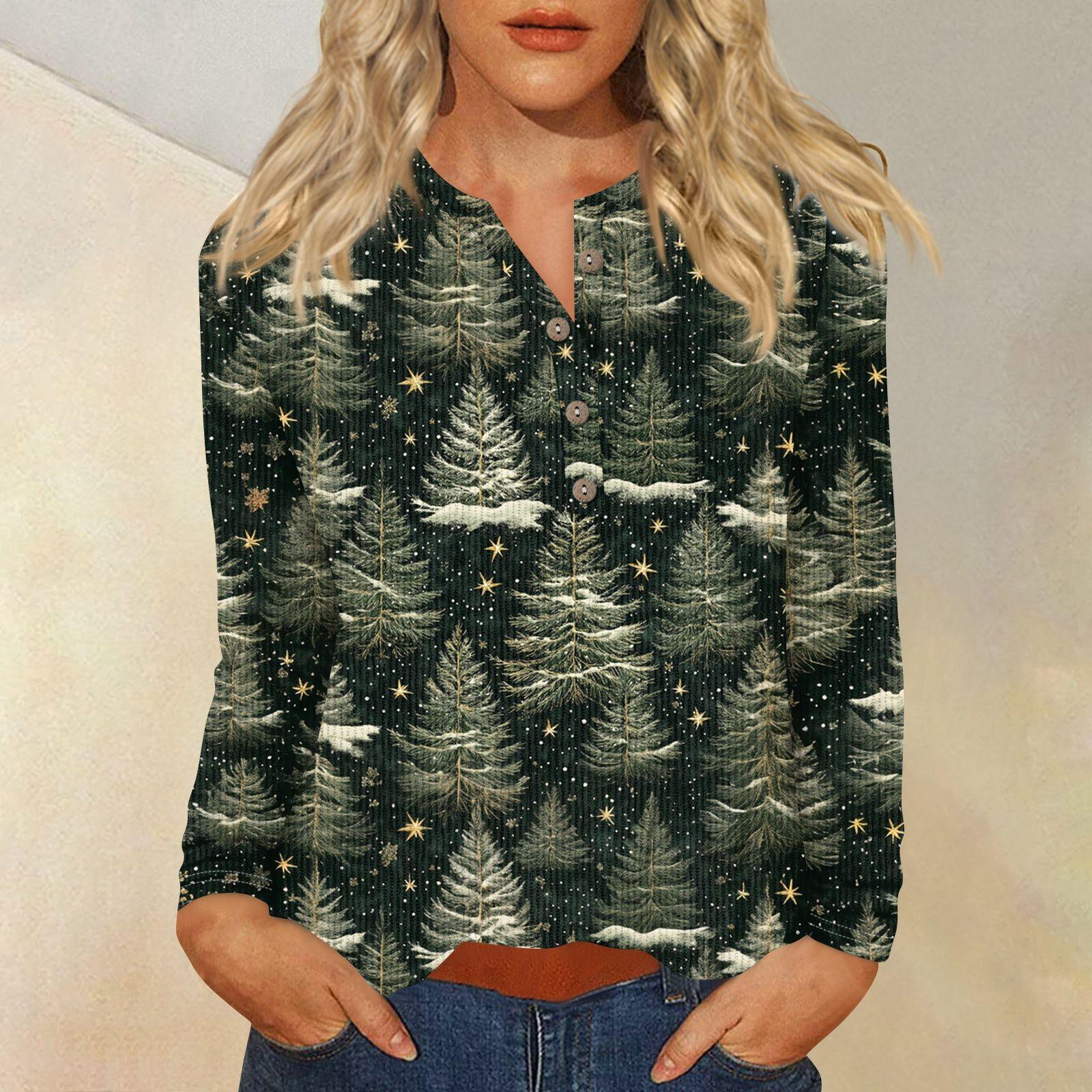 

Жен. Футболка Футболка С принтом Пуговицы Длинный рукав Повседневные Выходные Мода Классический V-образный вырез Обычный Верх XXL зелёный