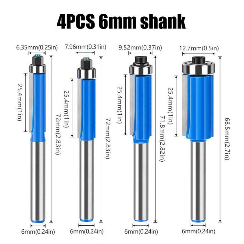 

6 мм 1/4-дюймовый хвостовик фреза для обрезки заподлицо фрезы для обрезки дерева 4pcs 6mm shank синий