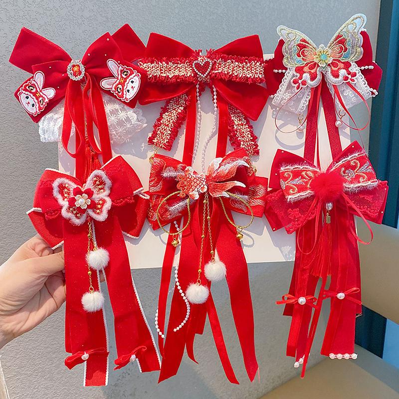 New Year Cute Pompom Kids Hair Clips Winter Plush Hairpins Braid Accessory Red Bow Princess Girl Headwear New Year Gift For Kids